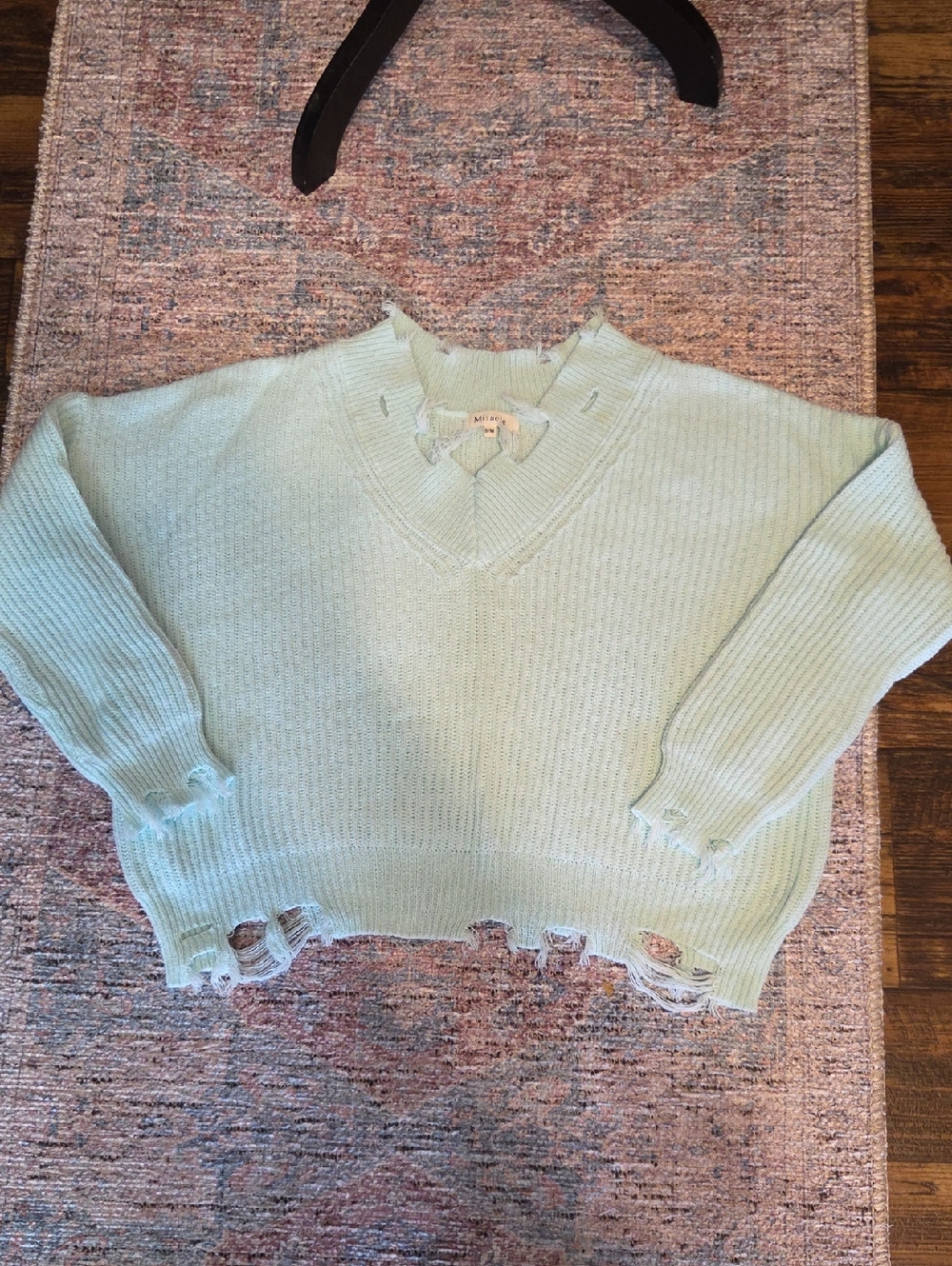 Miracle Light Mint Distressed V-Neck Sweater - Women
